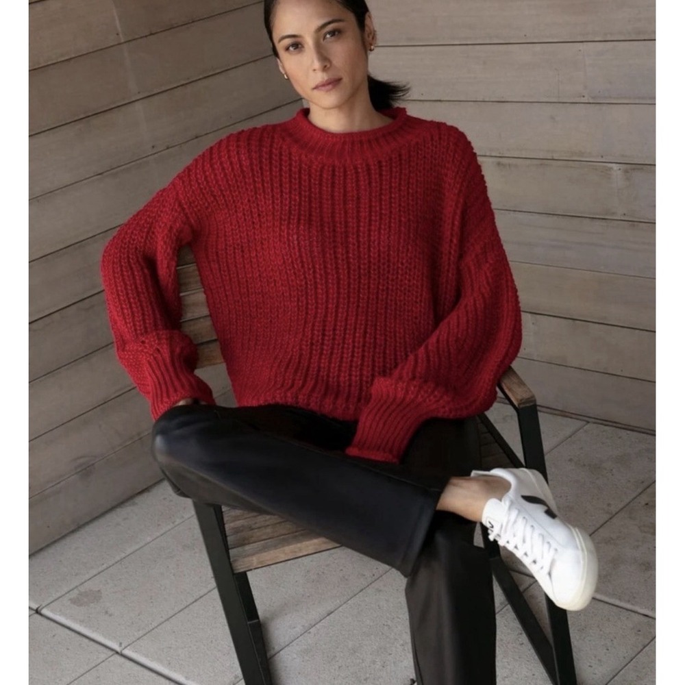 Marcella L Audrey Sweater Oversized Red Chunky Knit Fisherman Wool Roll neck NYC